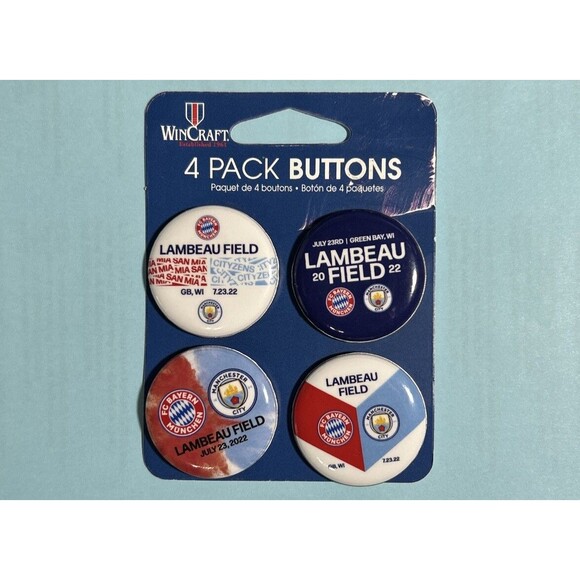 Bayern Munich vs Manchester City Green Bay Wisconsin July 2022 4 Pack Button Set - Picture 1 of 3